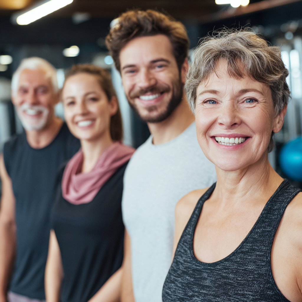 Група людей європейської зовнішності виконує поєднання йоги та функціональних вправ у сучасному залі, реалістичний стиль