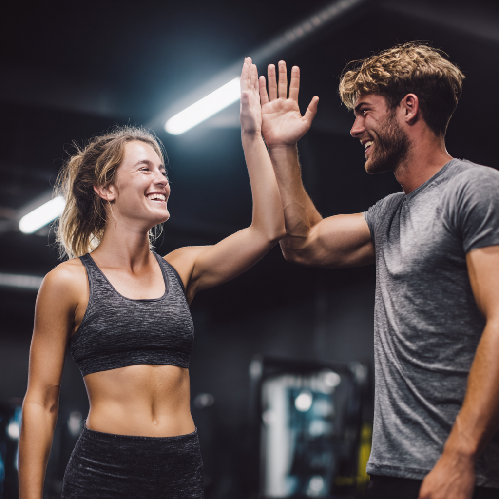 Усміхнені європейські тренери у фітнес залі готові допомогти клієнтам, професійна атмосфера, реалістичний стиль